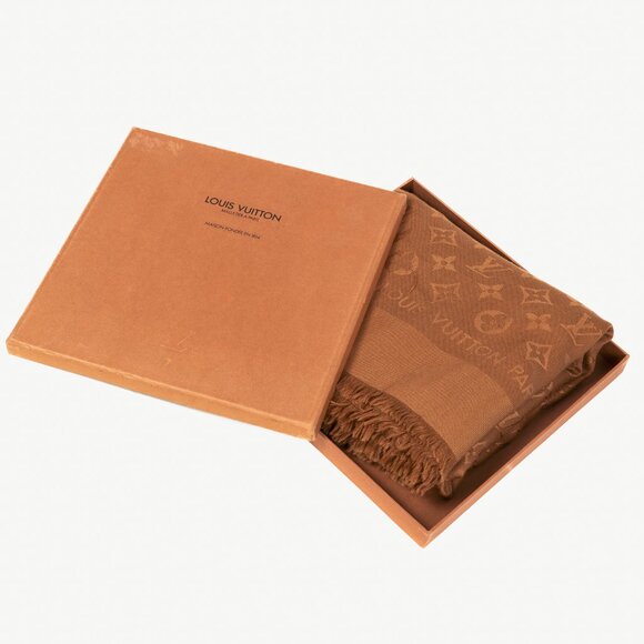 Louis Vuitton Camel Silk & Wool Monogram Fringe Shawl - Picture 5 of 5
